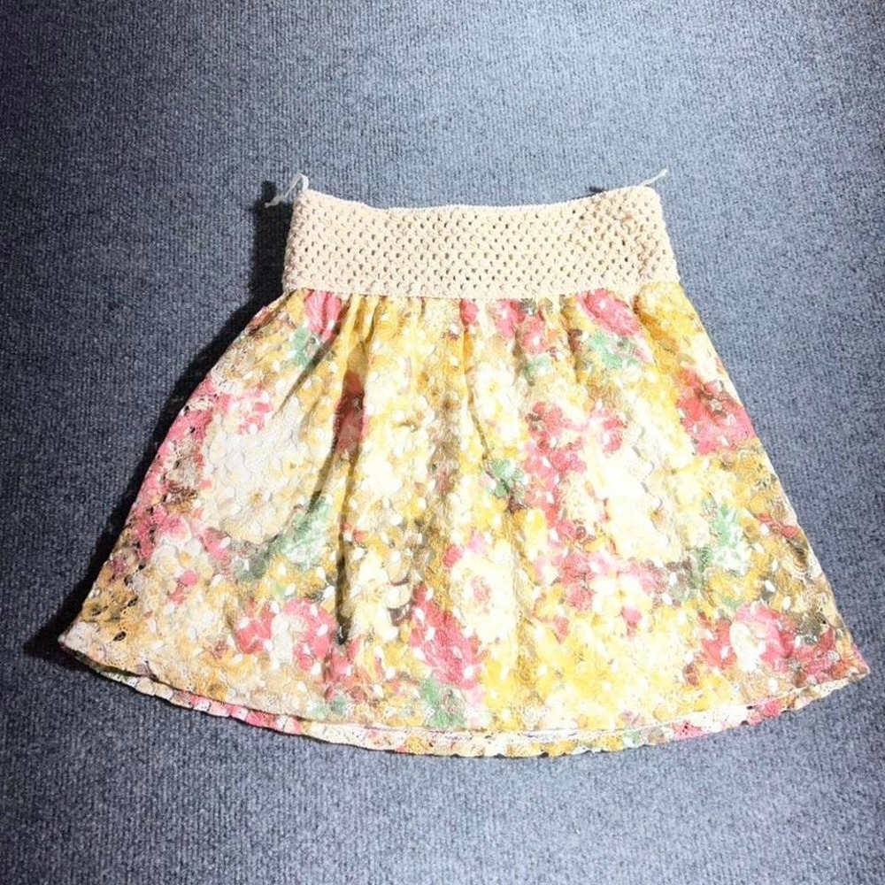 Jacaranda Floral Eyelet Mini Skirt Crochet Waist Yellow‎ Pink Green Boho L